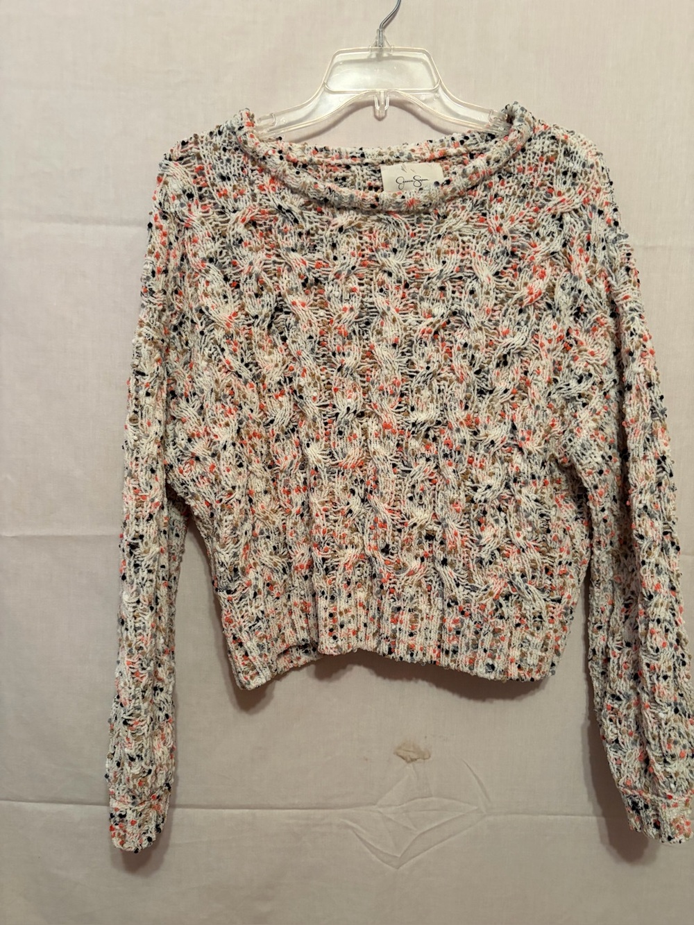 Jessica Simpson cable knit sweater featuring a multicolor "confetti" design